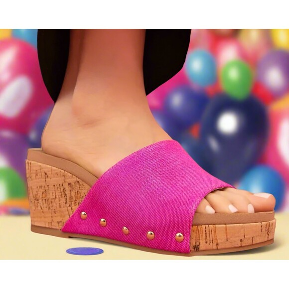 Women's Fuchsia Wedge Sandals With Cork Effect Platform - Picture 1 of 6